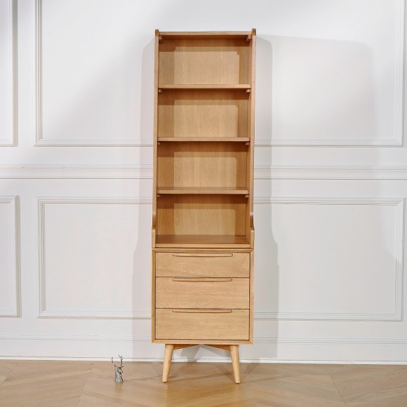 DALHIA - Piccola libreria in stile scandinavo in legno, 4 ripiani e 3 cassetti