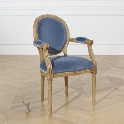 MEDAILLON - Fauteuil de table en bois et velours Bleu Louis