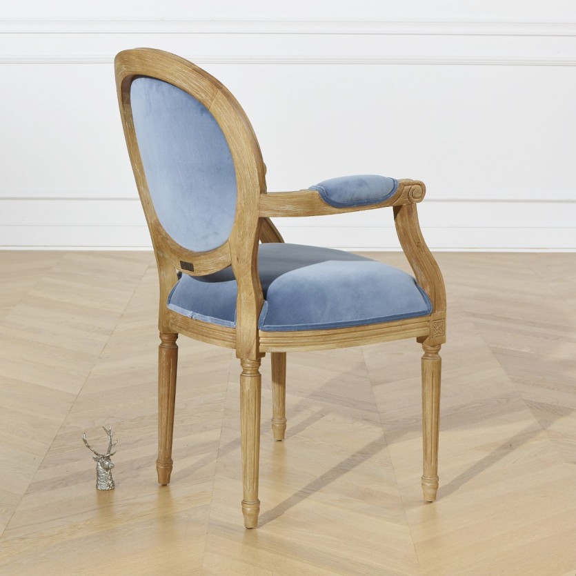 MEDAILLON - Fauteuil de table en bois et velours Bleu Louis