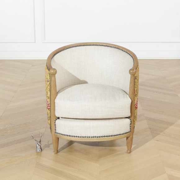 Poltrona em estilo barril CAROLE ART DECO - Estilo shabby chic em carvalho, linho de algodão e tecido mostarda, 1 lugar