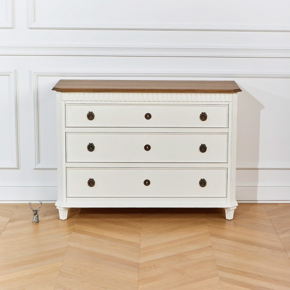 HORACE - Cômoda branca estilo shabby chic, tampo de carvalho, 3 gavetas