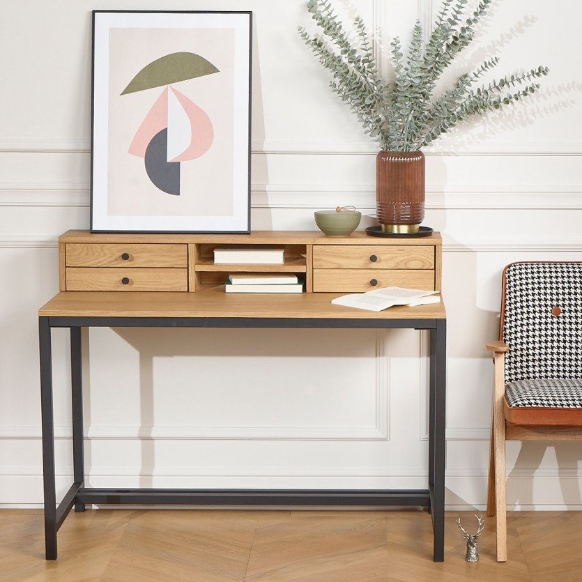 Bureau avec caisson 3 tiroirs LIRA style scandinave bois et blanc