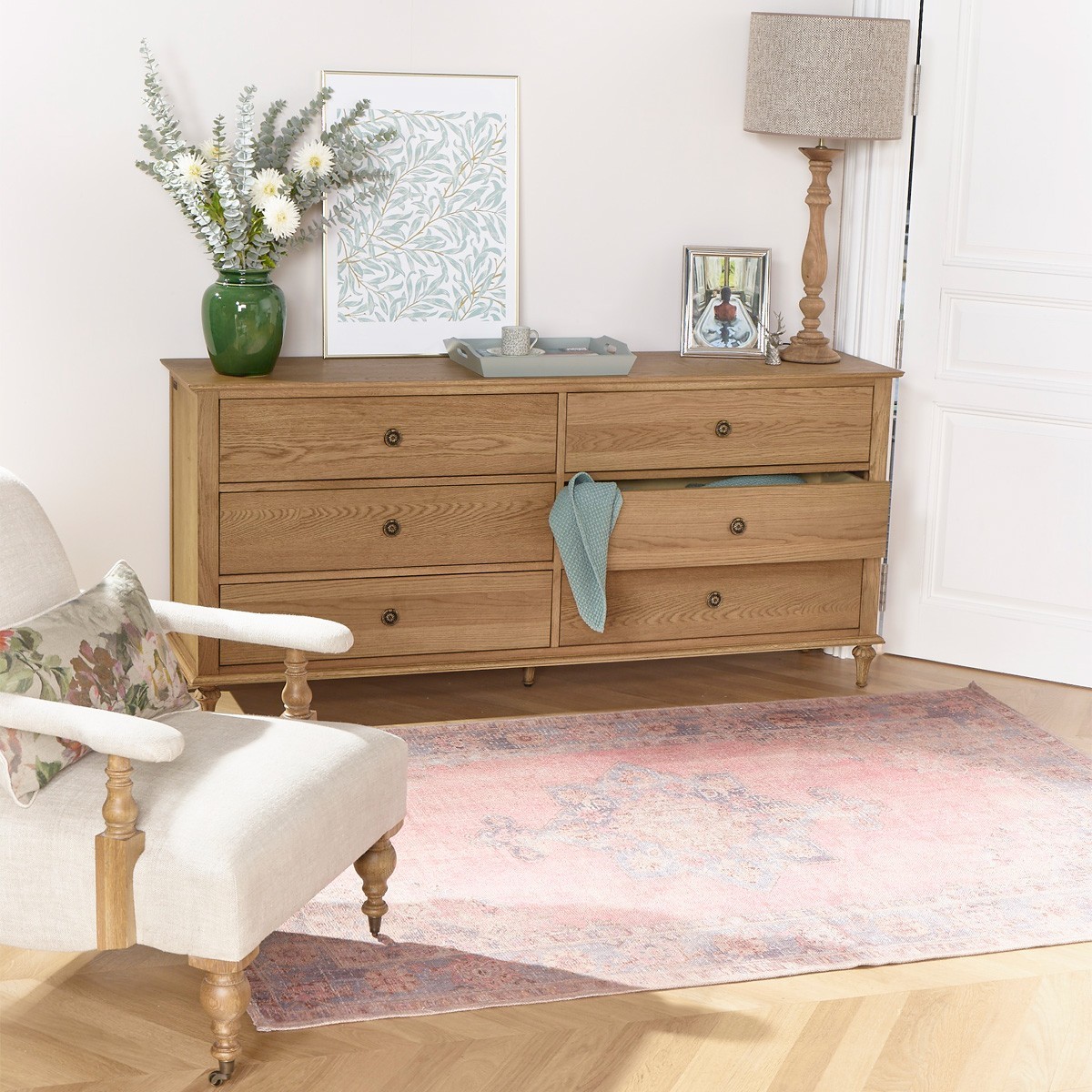 Commode 6 tiroirs en bois massif, style romantique OLIVIA