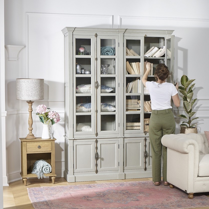 Double vitrine bibliothèque en bois shabby chic