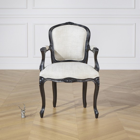 Fauteuil cabriolet LOUVRE NIGHT - Style Louis XV noir et blanc en bois massif et tissu lin, 1 place