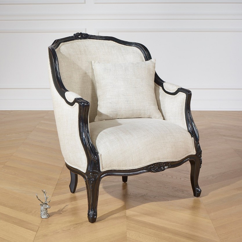 VICTOR - Fauteuil bergère en bois massif noir et lin premium