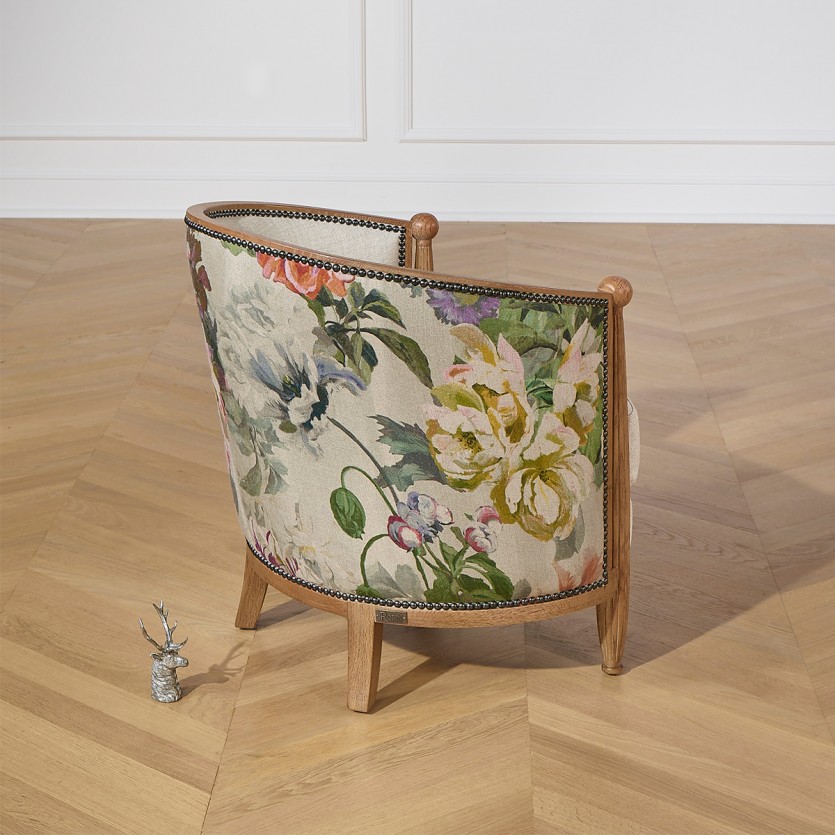 CAROLE COUNTRY Barrel Chair – Romantic style in solid wood, premium linen and floral fabric, 1 seat