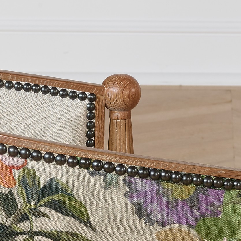 Poltrona a botte CAROLE COUNTRY – Stile romantico in legno massiccio, lino premium e tessuto floreale, 1 posto