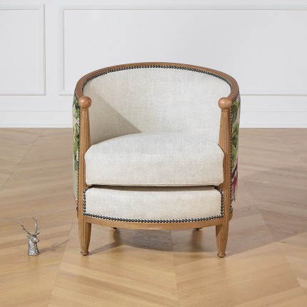 Fasssessel CAROLE COUNTRY – Romantischer Stil aus Massivholz, Premium-Leinen und Blumenstoff, 1 Sitzplatz