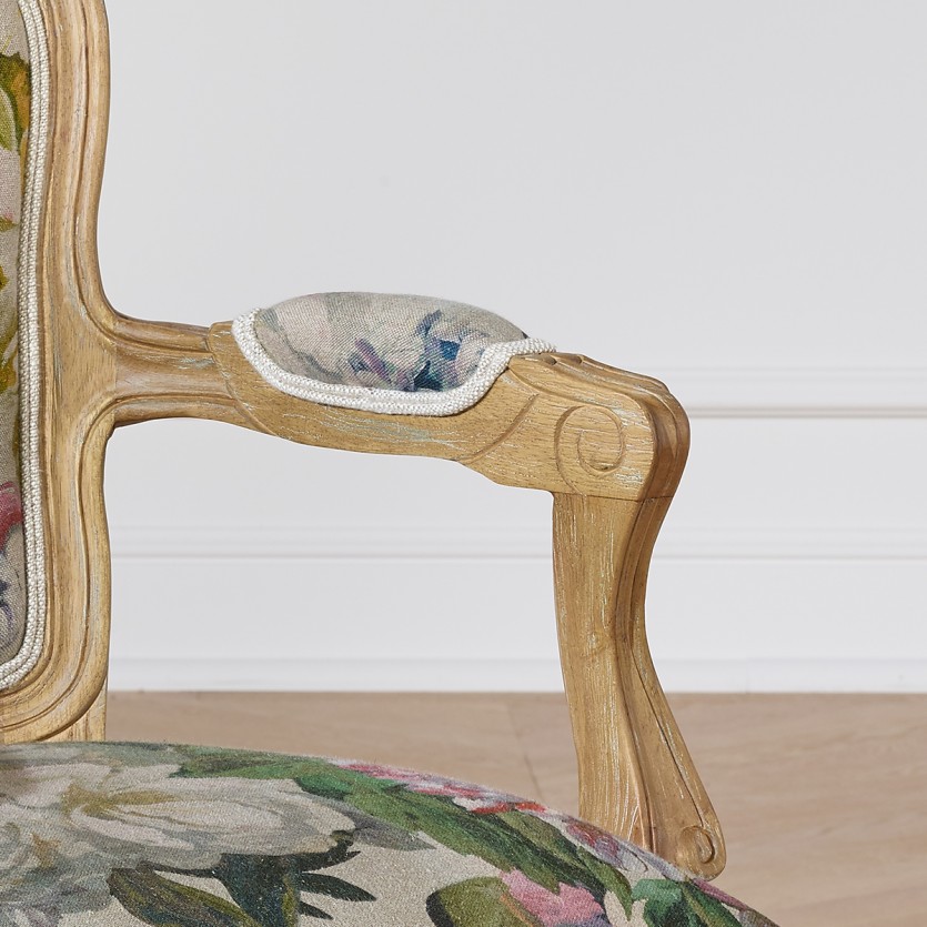Poltrona cabriolet LOUVRE COUNTRY – Stile romantico in legno massiccio e tessuto di lino, 1 posto