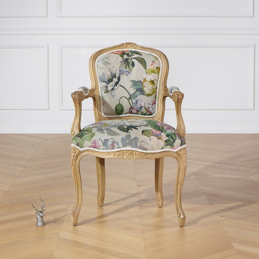 Cabriolet fauteuil LOUVRE COUNTRY – Romantische stijl in massief hout en linnen stof, 1 zitplaats