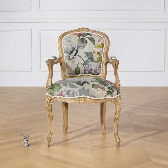 Fauteuil cabriolet LOUVRE COUNTRY – Style romantique en bois massif et tissu lin, 1 place