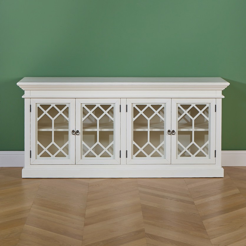 STELLA - Romantischer Vitrinenschrank im Landhausstil aus lackiertem Holz, 4 Türen, 2 Regale