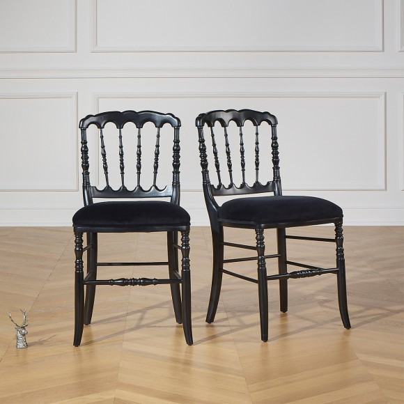 NAPOLEON III - Lot de 2 chaises baroques noires style romantique en bois massif