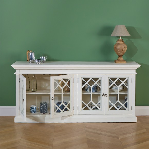 STELLA - Romantic-style painted wood display sideboard, 4 doors, 2 shelves