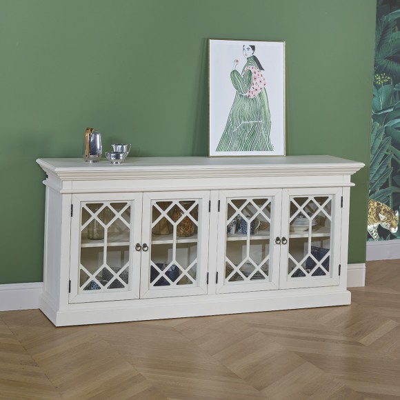 STELLA - Romantic-style painted wood display sideboard, 4 doors, 2 shelves