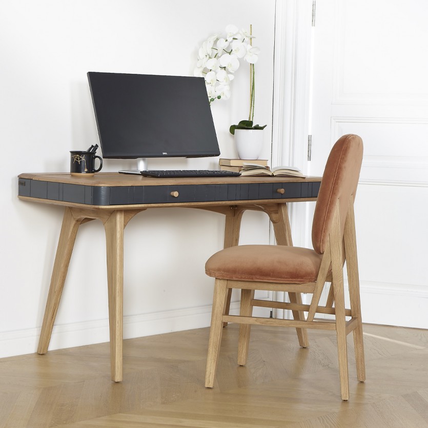 KYOTO - Scrivania stile moderno, piano in rovere, 2 cassetti