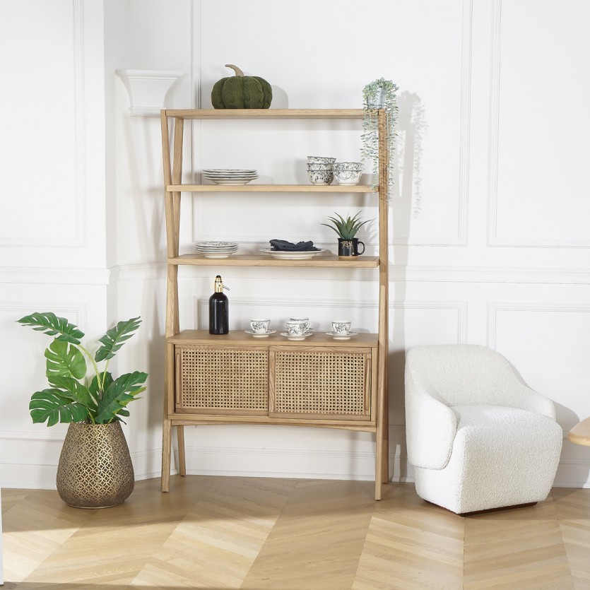 DOROTHY - Etagère style moderne en chêne et cannage, 2 portes coulissante, 3 étagères ouvertes