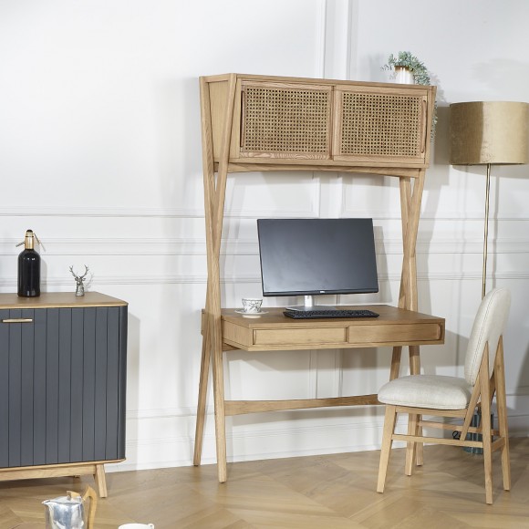 KITTY - Bureau étagère style moderne en bois et cannage, 1 caisson, 1 tiroir