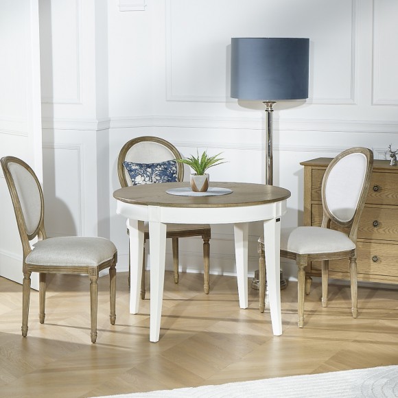 HAUSSMANN - Table de salle à manger ronde en chêne style romantique, blanche, 4 couverts