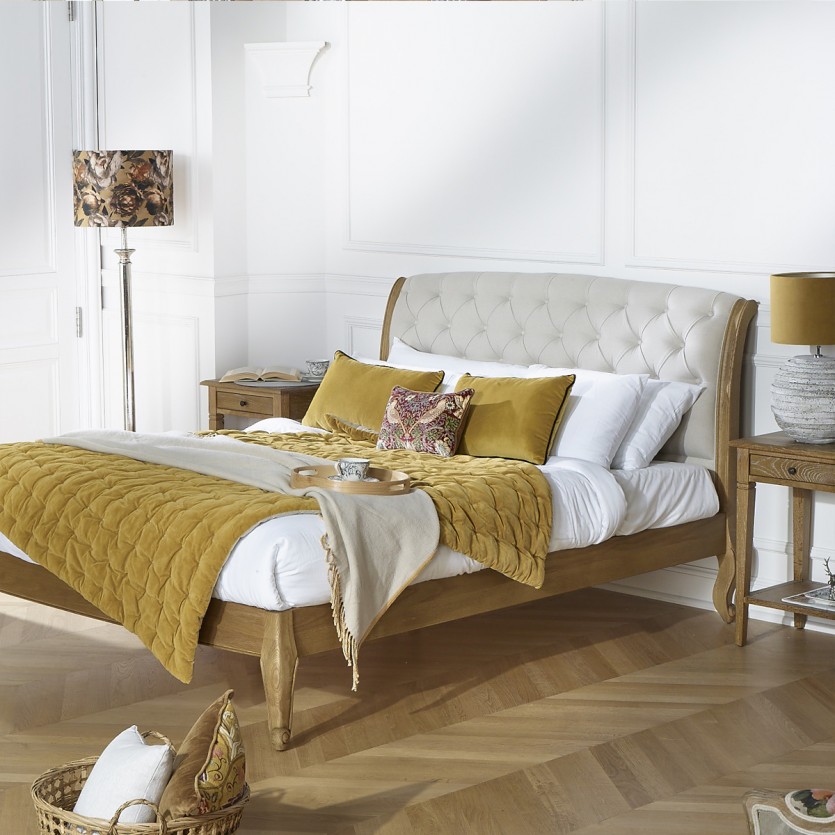 Cama de casal RICHARD - Estilo romântico em carvalho e linho de algodão 160 x 200