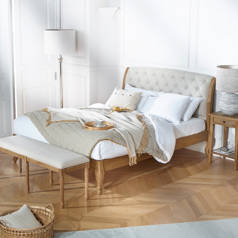 Lit deux places RICHARD - Stile romantico in rovere e lino cotone 160 x 200