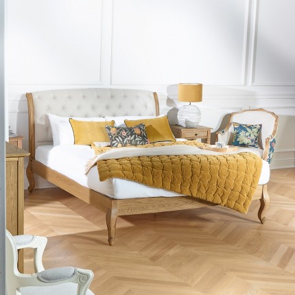 Doppelbett RICHARD - Romantischer Stil aus Eiche und Baumwollleinen 160 x 200