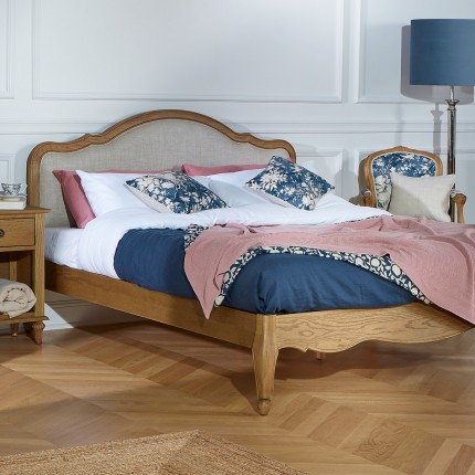 Cama doble HENRY - Estilo romántico en roble y lino premium 140 x 190