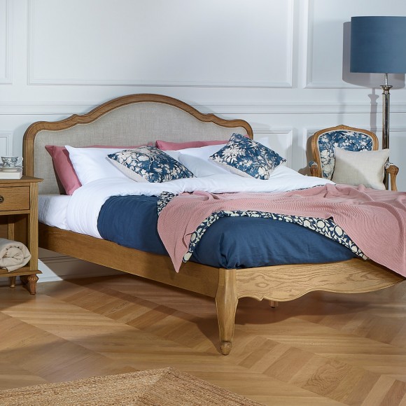 Cama doble HENRY - Estilo romántico en roble y lino premium 140 x 190