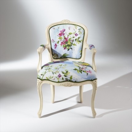 Fauteuil cabriolet LOUVRE MERVEILLES - Style shabby chic en lin imprimé et bois massif, 1 place