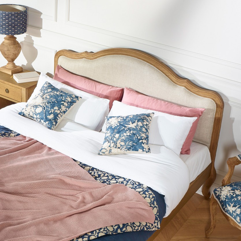 HENRY Double Bed - Romantic style in oak and premium linen 140 x 190