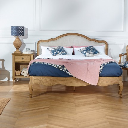 Lit double HENRY - Style romantique en chêne et lin premium 140 x 190
