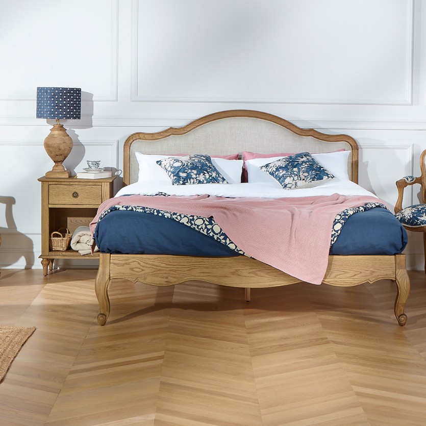 Cama de casal HENRY - Estilo romântico em carvalho e linho premium 140 x 190