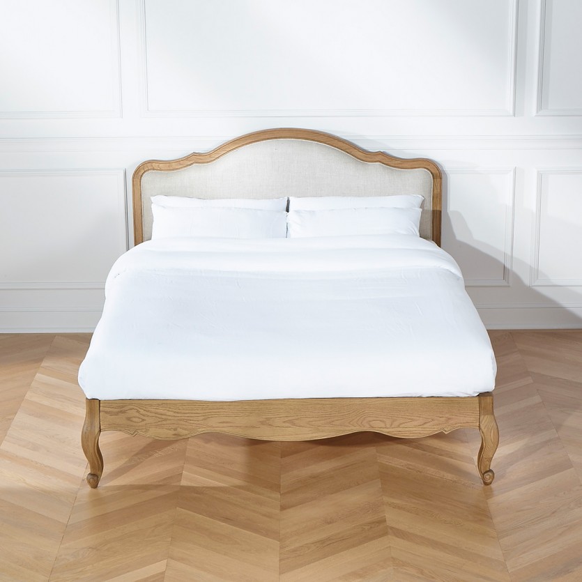 Cama de casal HENRY - Estilo romântico em carvalho e linho premium 160 x 200