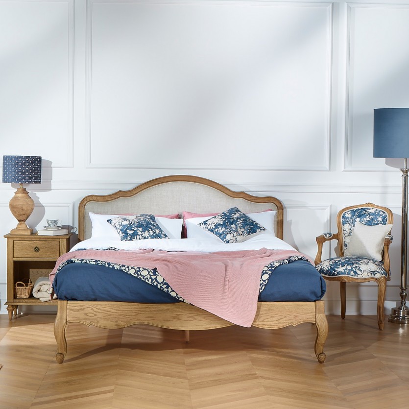 Lit deux places HENRY - Stile romantico in rovere e lino premium 160 x 200