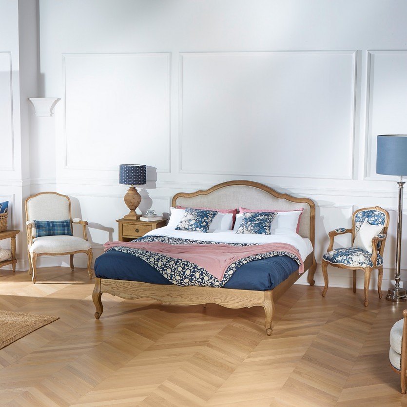 Lit deux places HENRY - Stile romantico in rovere e lino premium 160 x 200