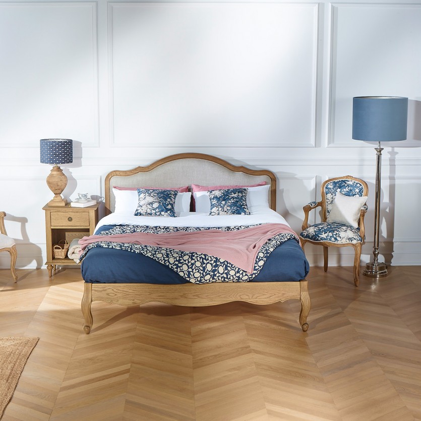 Lit deux places HENRY - Stile romantico in rovere e lino premium 160 x 200
