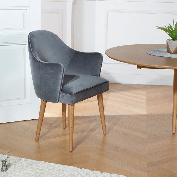 SAINT GERMAIN - Fauteuil de table style nordique en bois massif et tissu velours, 1 place
