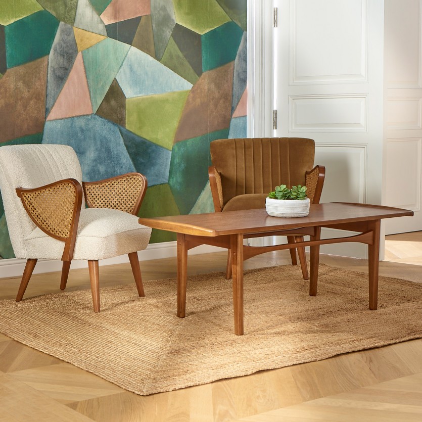 DALHIA – Mesa de centro de estilo nórdico, patas de madera maciza, tono nogal