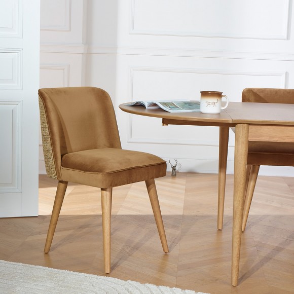 APOLLINE BRUXELLES - Lot de 2 chaises style nordique en bois, tissus velours et tweed