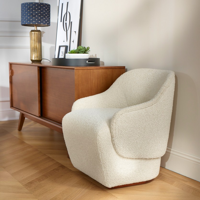 PRESLEY - Fauteuil style nordique en tissu polyester bouclette blanc, 1 place