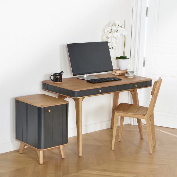 KYOTO - Scrivania stile moderno, piano in rovere, 2 cassetti