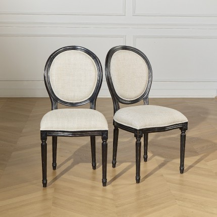 Set di 2 sedie MEDAILLON – Stile classico, patina nera e lino premium, legno certificato FSC®