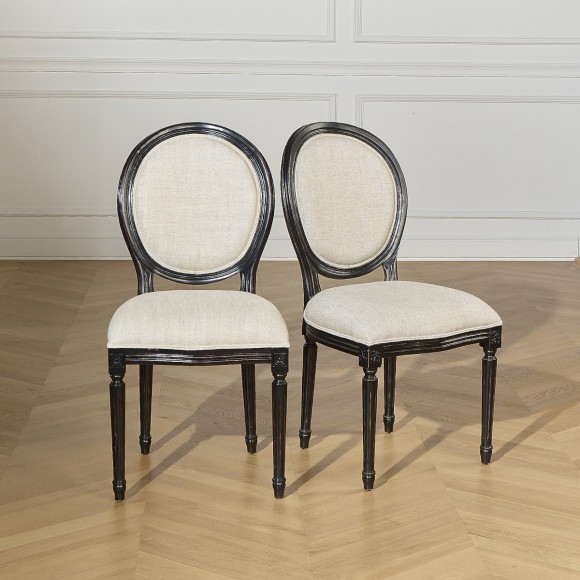 MEDAILLON – Lot de 2 chaises en bois style classique, patine noire et lin premium, bois certifié FSC®