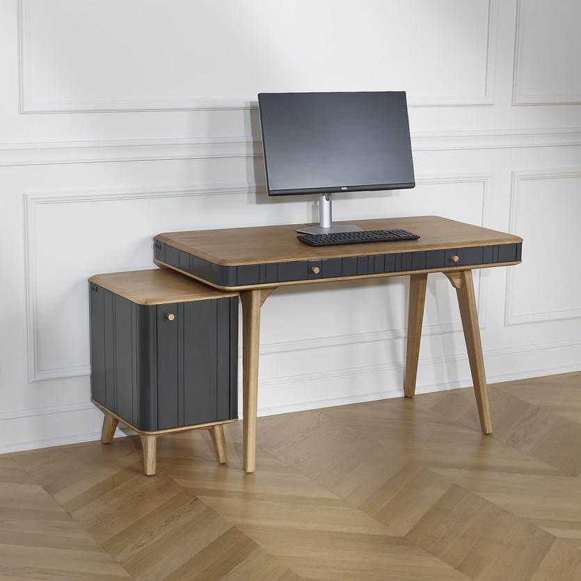 KYOTO - Scrivania stile moderno, piano in rovere, 2 cassetti