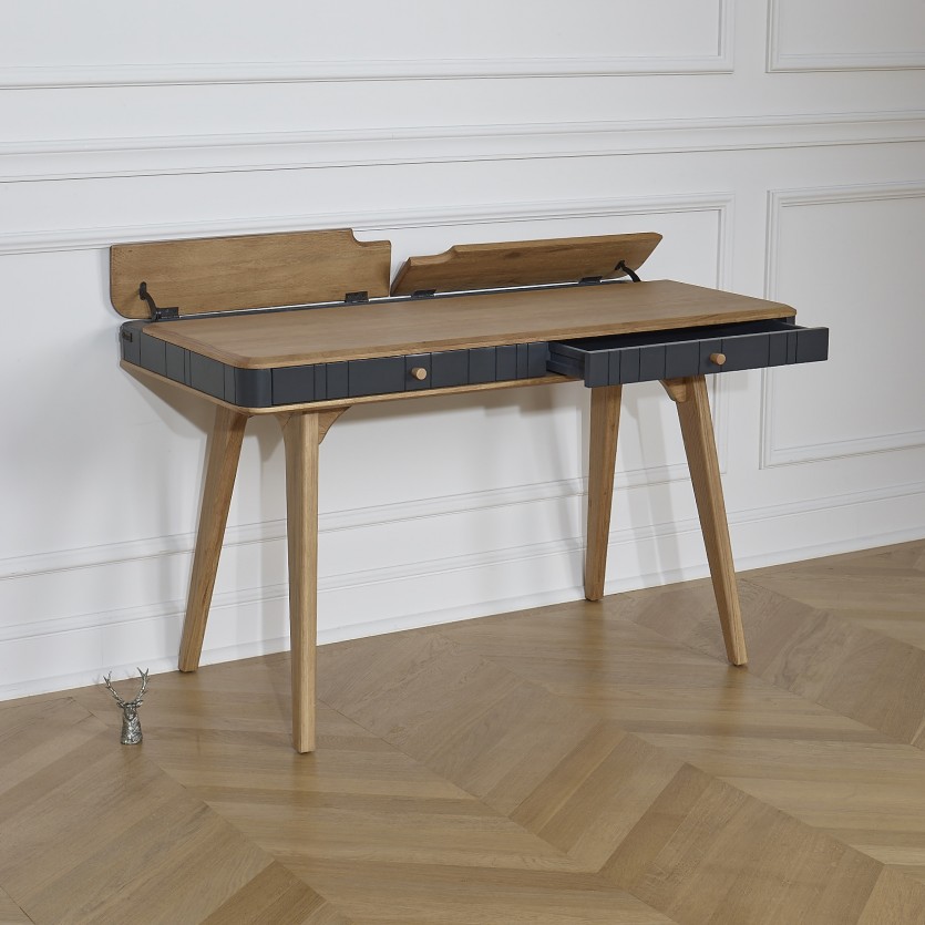 KYOTO - Scrivania stile moderno, piano in rovere, 2 cassetti