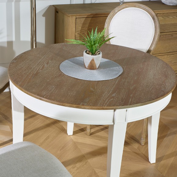 HAUSSMANN - Table de salle à manger ronde en chêne style romantique, blanche, 4 couverts