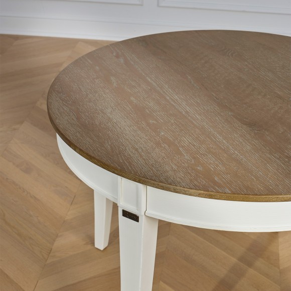 HAUSSMANN - Table de salle à manger ronde en chêne style romantique, blanche, 4 couverts