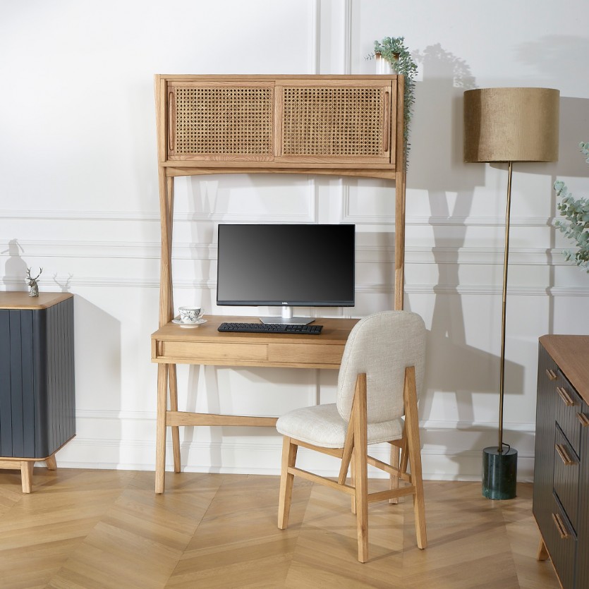 Bureau avec rangement en chêne et cannage, style contemporain KITTY