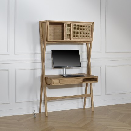 KITTY - Bureau étagère style moderne en bois et cannage, 1 caisson, 1 tiroir